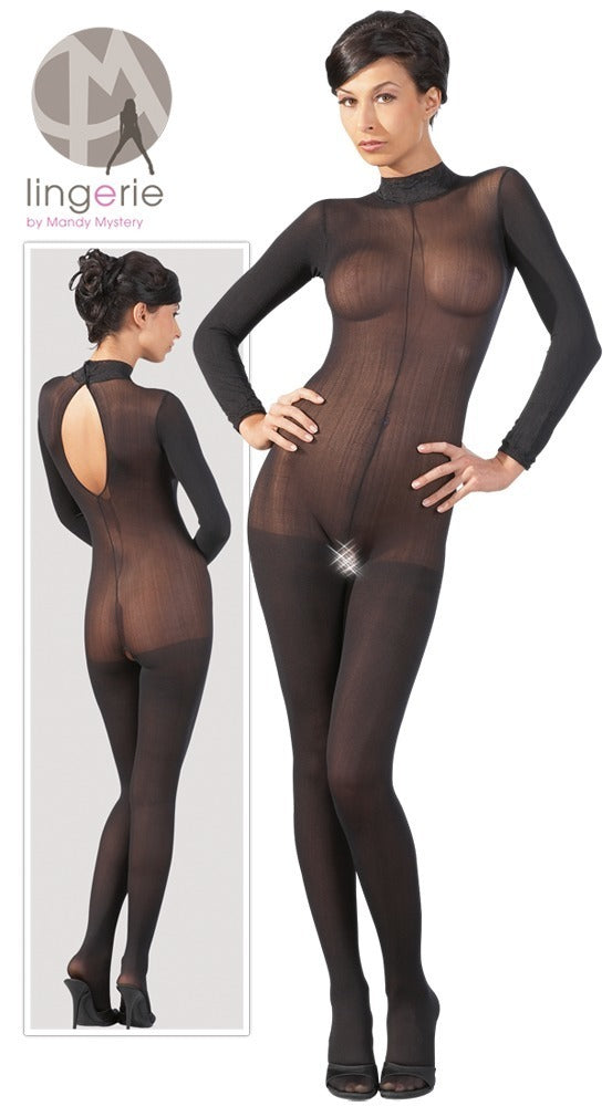 Schwarzer transparenter Netz-Catsuit mit Spitzenkragen und Fuß (offener Schritt) von NO:XQSE – Ansicht 22