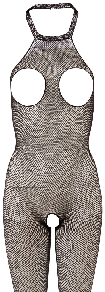 Schwarzer Netz-Catsuit ouvert mit Spitzen-Neckholder und Cut-outs von NO:XQSE – Ansicht 6