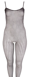 Schwarzer transparenter Catsuit aus Stretch-Grobnetz mit Fuß (offener Schritt) von NO:XQSE – Ansicht 4