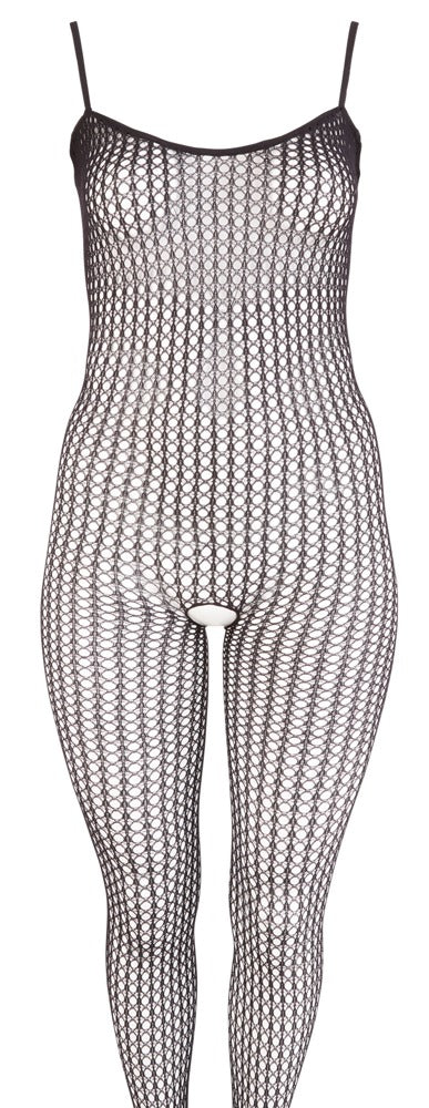 Schwarzer transparenter Catsuit aus Stretch-Grobnetz mit Fuß (offener Schritt) von NO:XQSE – Ansicht 4
