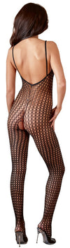 Schwarzer transparenter Catsuit aus Stretch-Grobnetz mit Fuß (offener Schritt) von NO:XQSE – Ansicht 3