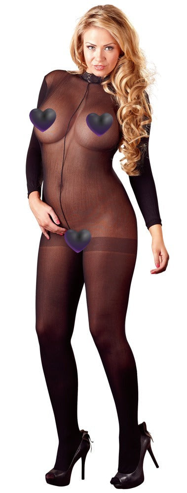 Schwarzer transparenter Netz-Catsuit mit Spitzenkragen und Fuß (offener Schritt) von NO:XQSE – Ansicht 6
