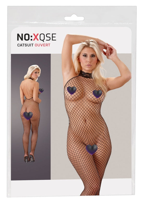 Schwarzer transparenter Stretch-Netz-Catsuit mit Spitzen-Halsband von NO:XQSE