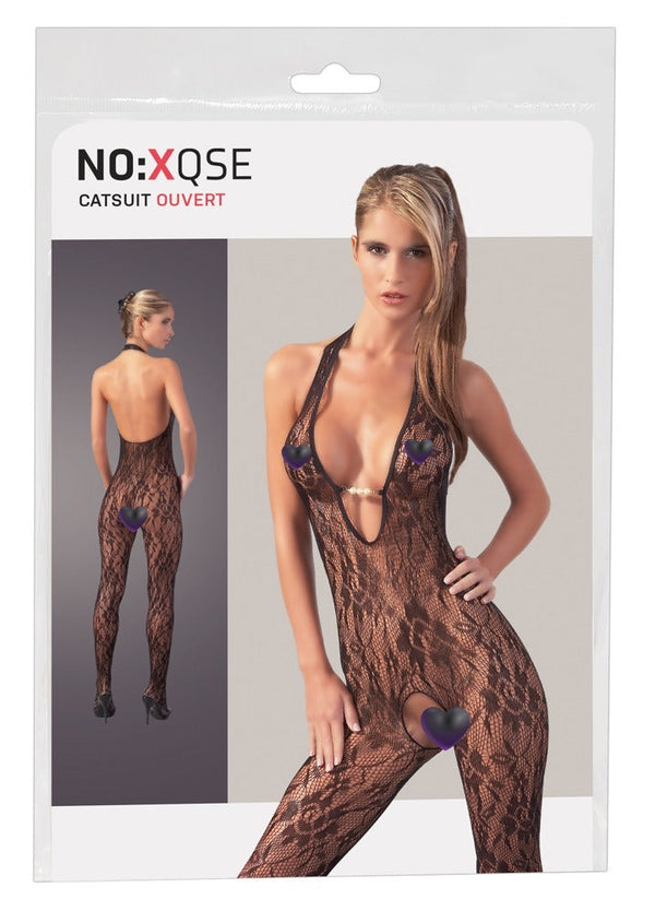 Schwarzer Netz-Catsuit mit Neckholder und Perlen-Dekolleté (offener Schritt) von NO:XQSE