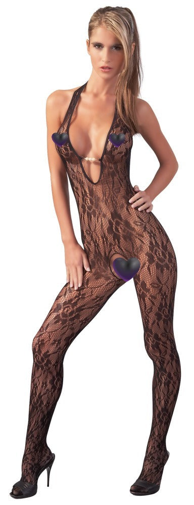 Schwarzer Netz-Catsuit mit Neckholder und Perlen-Dekolleté (offener Schritt) von NO:XQSE – Ansicht 2