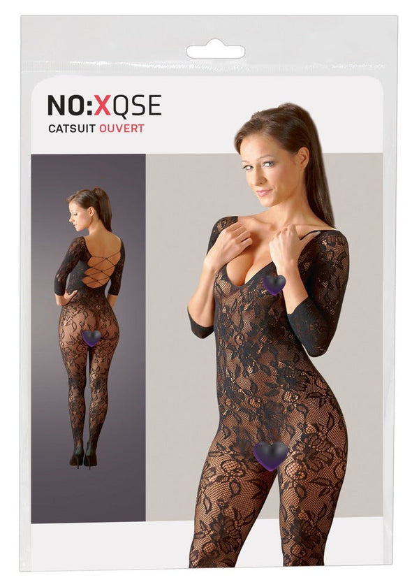 Schwarzer Catsuit in Blütenspitze-Optik mit Schnürung und Fuß (offener Schritt) von NO:XQSE