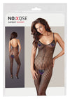 Schwarzer transparenter Catsuit aus Stretch-Grobnetz mit Fuß (offener Schritt) von NO:XQSE