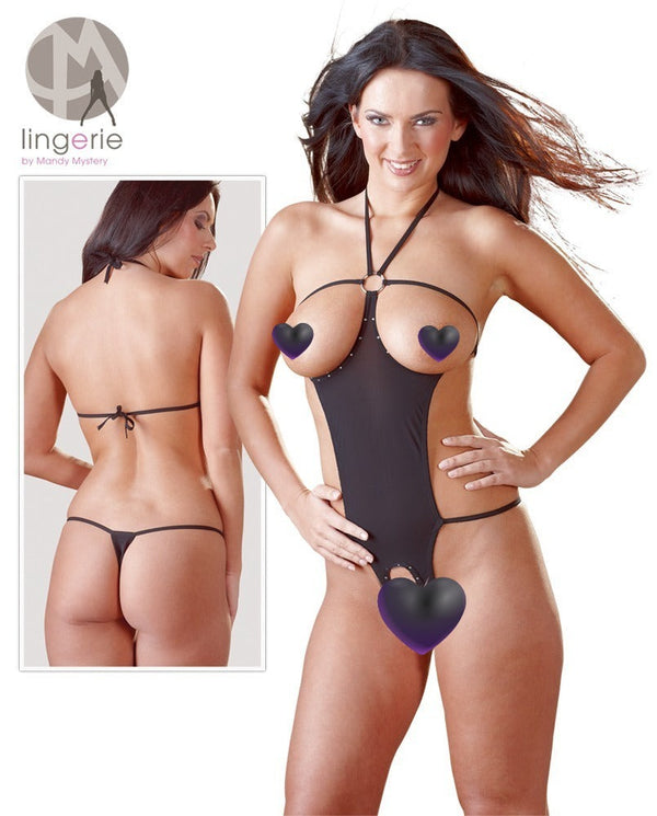 Schwarzer Body mit offenen Cups, Strass und Neckholder (offener Schritt) von NO:XQSE – Ansicht 7