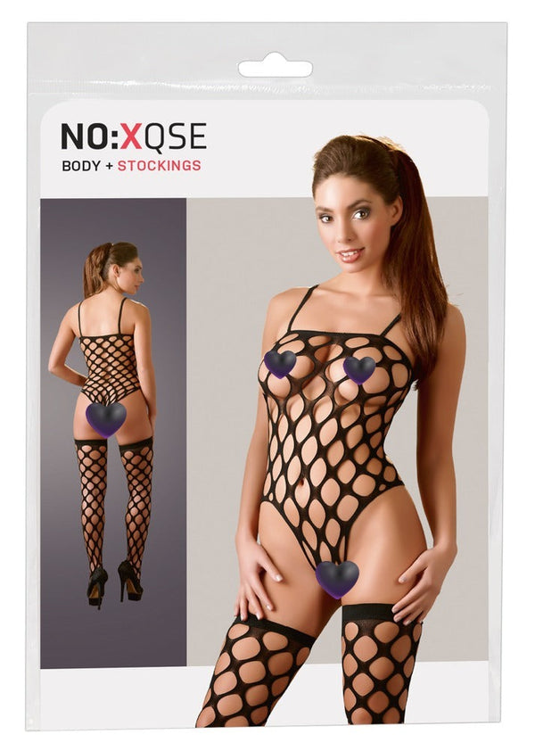 Schwarzes Rio-Body- und Strümpfe-Set aus Grobnetz von NO:XQSE