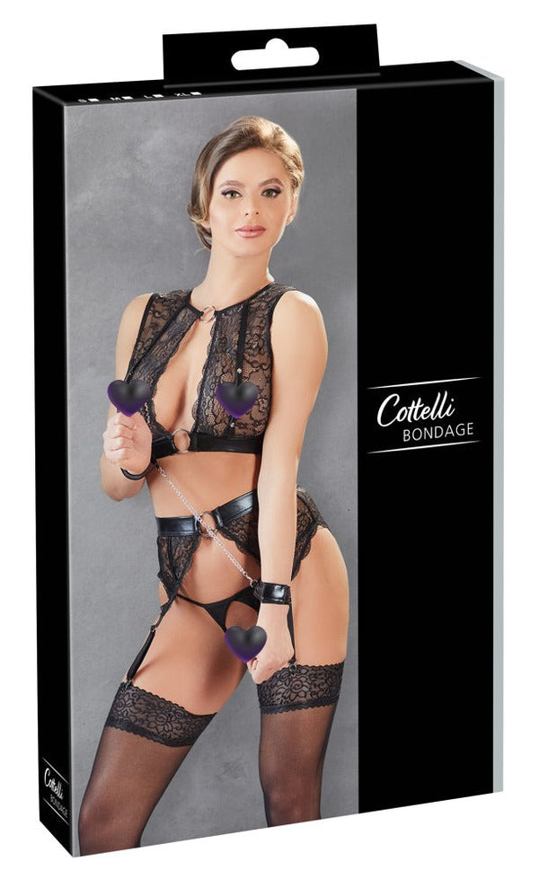 Schwarzes 3-teiliges Wäsche-Set ouvert mit Spitze, Wetlook und Handfesseln von Cottelli BONDAGE