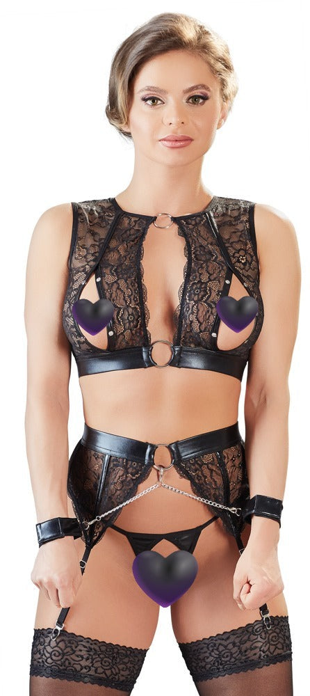 Schwarzes 3-teiliges Wäsche-Set ouvert mit Spitze, Wetlook und Handfesseln von Cottelli BONDAGE – Ansicht 3