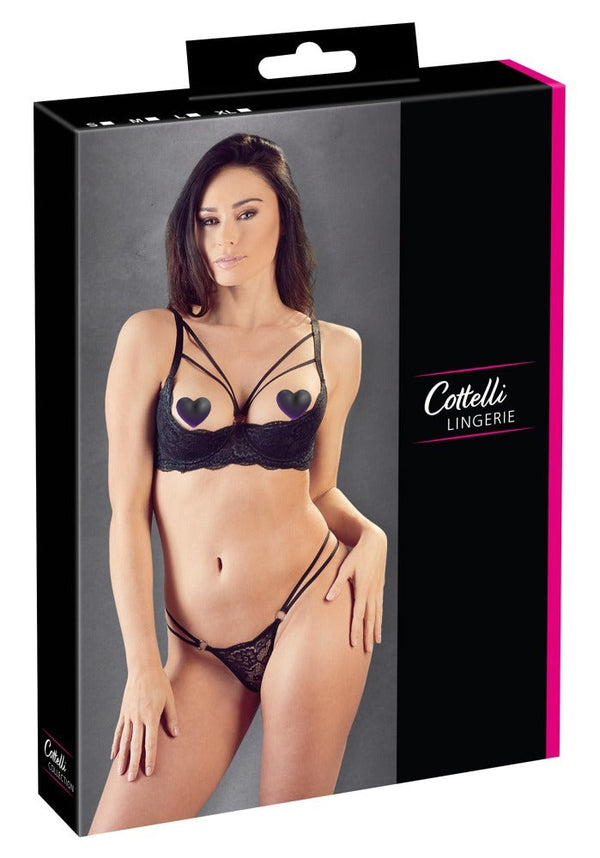 Schwarze Hebe und String aus feiner Spitze mit silberfarbenen Ringen von Cottelli