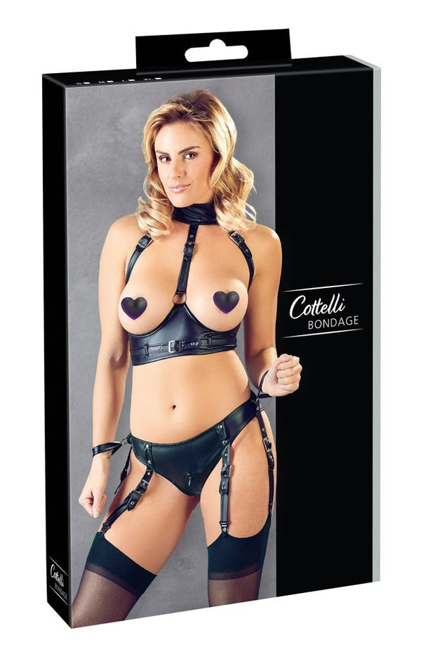 Schwarzes Set aus Ouvert-BH und Straps-Slip mit Halsband-Riemen von Cottelli BONDAGE