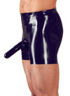 Schwarze enge Latex-Pants mit Penis-Hoden-Hülle und Analkondom von Late X – Ansicht 2