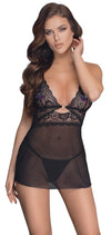 Schwarzes kurzes Babydoll aus Powernet mit Spitzen-Cups und Goldring von Cottelli – Ansicht 2