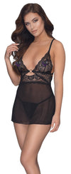 Schwarzes kurzes Babydoll aus Powernet mit Spitzen-Cups und Goldring von Cottelli – Ansicht 3