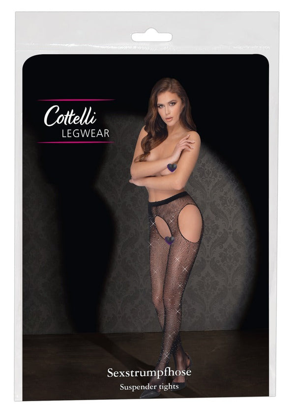 Schwarze Glitzer-Netz-Straps-Strumpfhose mit offenem Schritt und Cut-outs von Cottelli