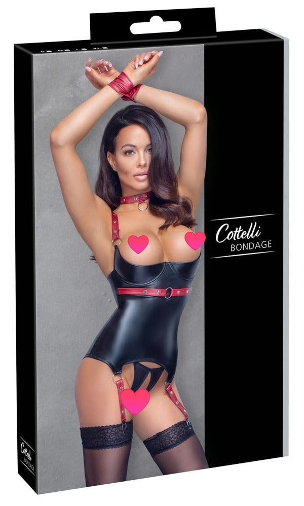 Schwarzes Ouvert-Set aus Strapshemd und String mit Halsband und Handfesseln von Cottelli BONDAGE