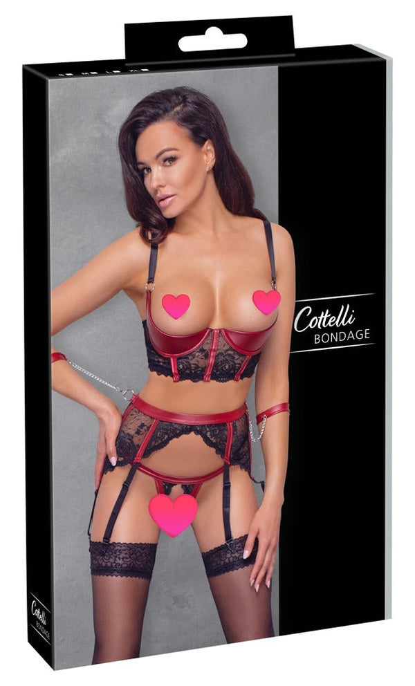Schwarzes Hebe-Set mit Bügel-Hebe-BH, Strapsgurt und String aus Stretch-Spitze von Cottelli BONDAGE