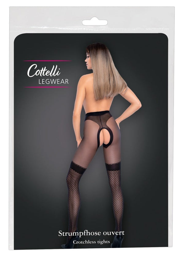 Schwarze Strumpfhose ouvert mit Netz-Overknees und blickdichtem Höschen von Cottelli