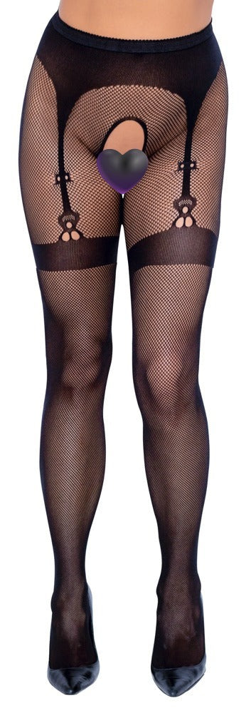 Schwarze Netz-Strumpfhose ouvert mit eingewebtem Strapsgurt und Naht von Cottelli – Ansicht 2