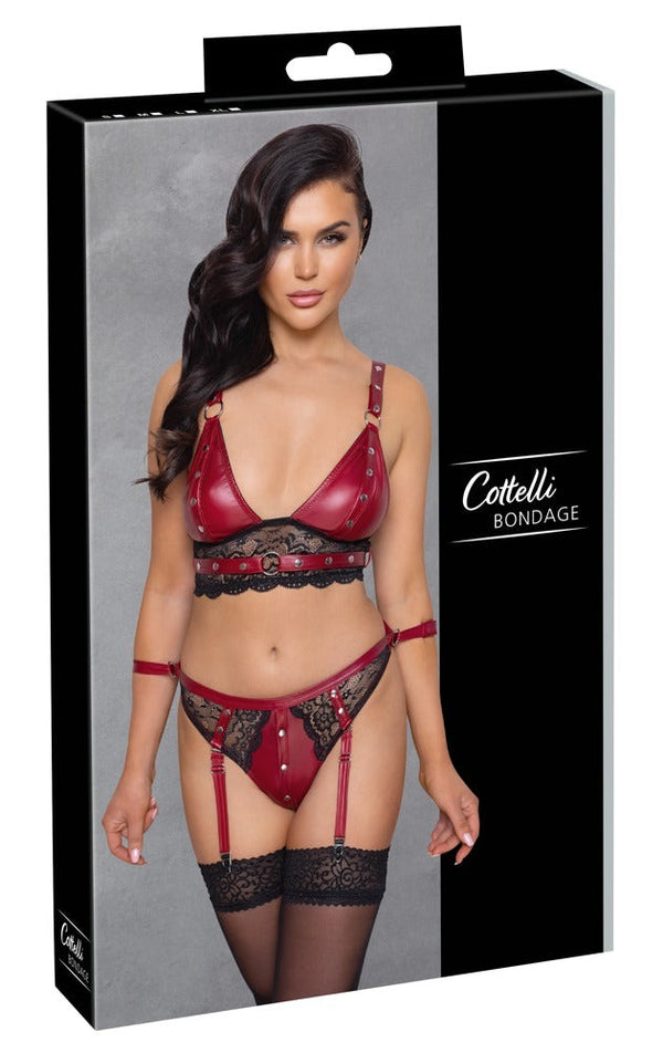 Rotes Set aus Bralette und Straps-Slip im Mattlook mit Spitze und Fesselriemen von Cottelli BONDAGE