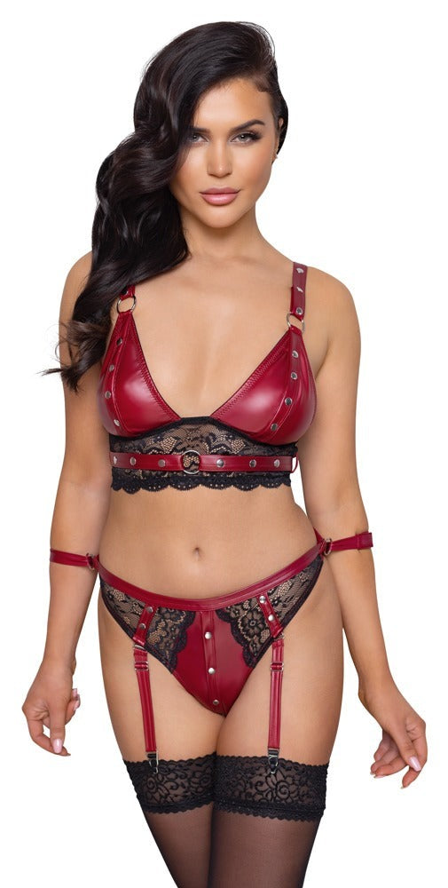 Rotes Set aus Bralette und Straps-Slip im Mattlook mit Spitze und Fesselriemen von Cottelli BONDAGE – Ansicht 2