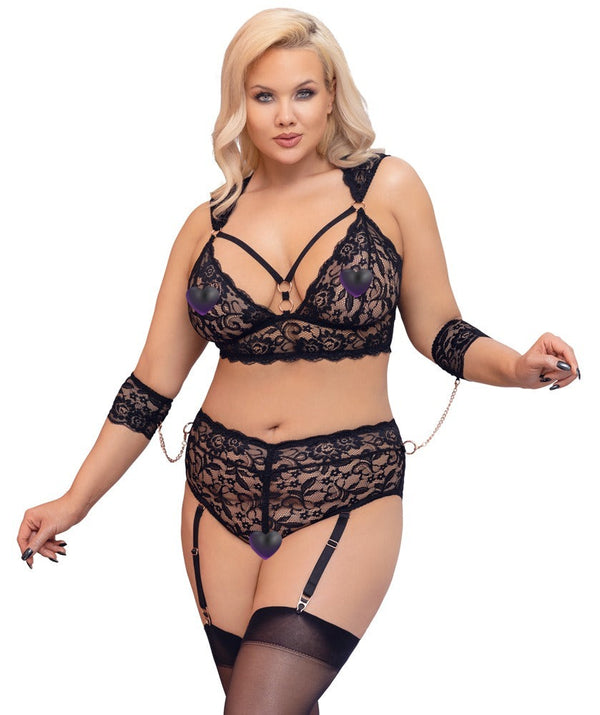 Schwarzes Set aus Bralette, Straps-Slip und Armfesseln mit roségoldenen Details von Cottelli BONDAGE – Ansicht 2