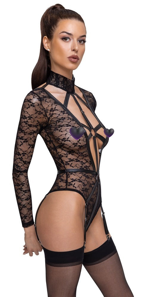 Schwarzer Langarm-Riobody aus Spitze in Harness-Optik von Cottelli – Ansicht 4