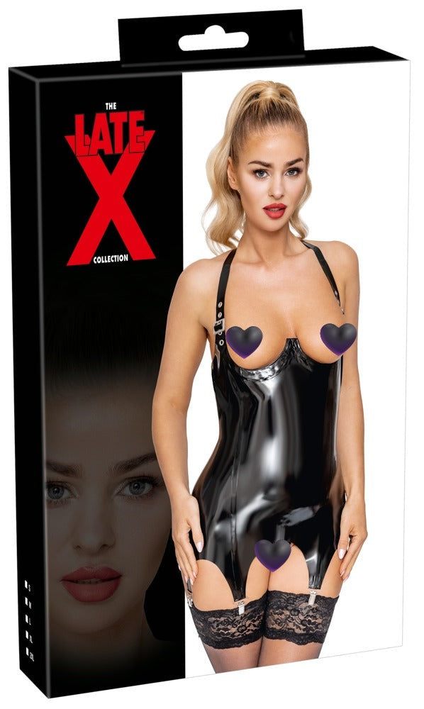 Schwarzes busenfreies Latex-Strapshemd mit Cup-Bügeln und Neckholder von Late X