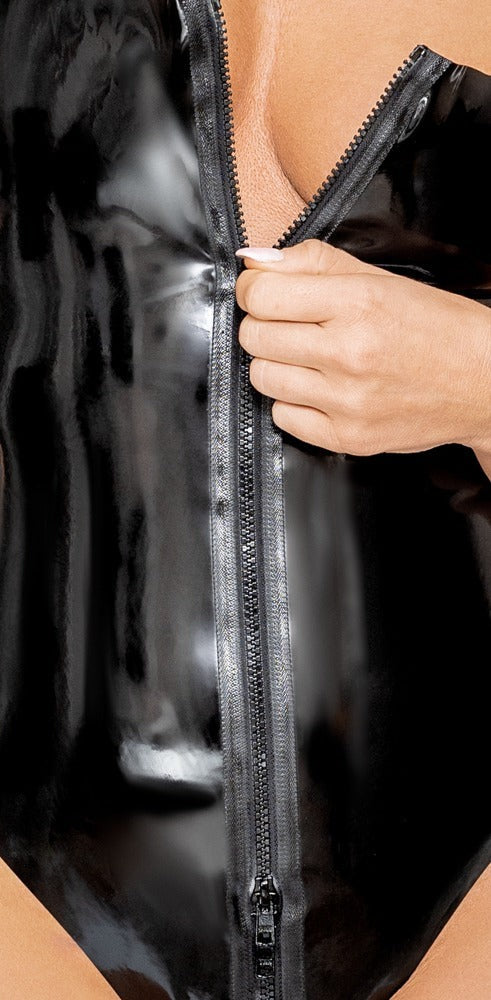 Schwarzer Latex-Body mit Karree-Ausschnitt und 2-Wege-Reißverschluss von Late X – Ansicht 7