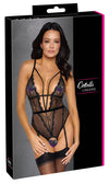 Schwarzer Stringbody aus Spitze und Powernet mit Samtband und tiefem Dekolleté von Cottelli