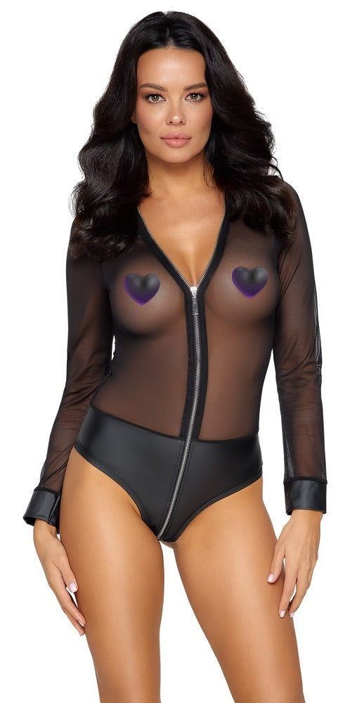 Schwarzer transparenter Langarm-Body aus Powernet mit Mattlook-Höschenteil von Cottelli PARTY – Ansicht 2