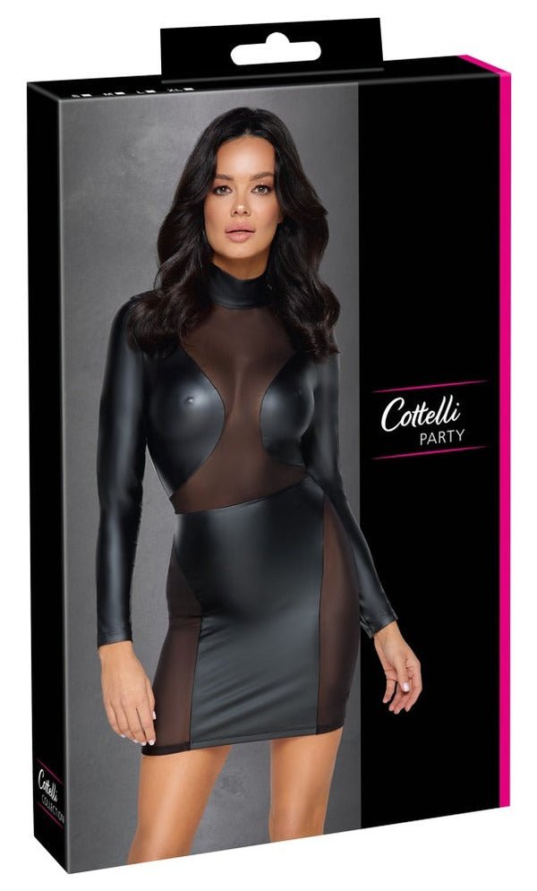 Schwarzes Langarm-Kleid im Mattlook mit transparenten Powernet-Einsätzen von Cottelli PARTY