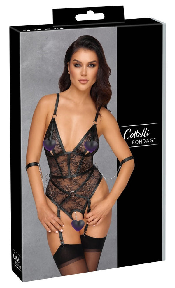 Schwarzer Straps-Body ouvert aus Blütenspitze in Harness-Optik von Cottelli BONDAGE