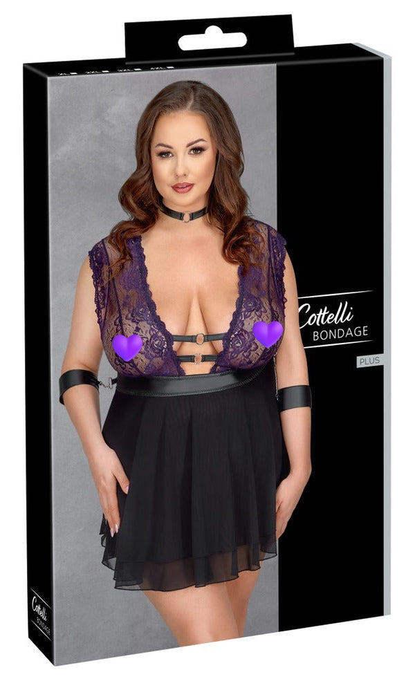 Lila Babydoll-Set aus Blütenspitze mit Halsband und Armfesseln in großen Größen von Cottelli BONDAGE