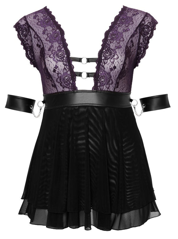 Lila Babydoll-Set aus Blütenspitze mit Halsband und Armfesseln in großen Größen von Cottelli BONDAGE – Ansicht 6