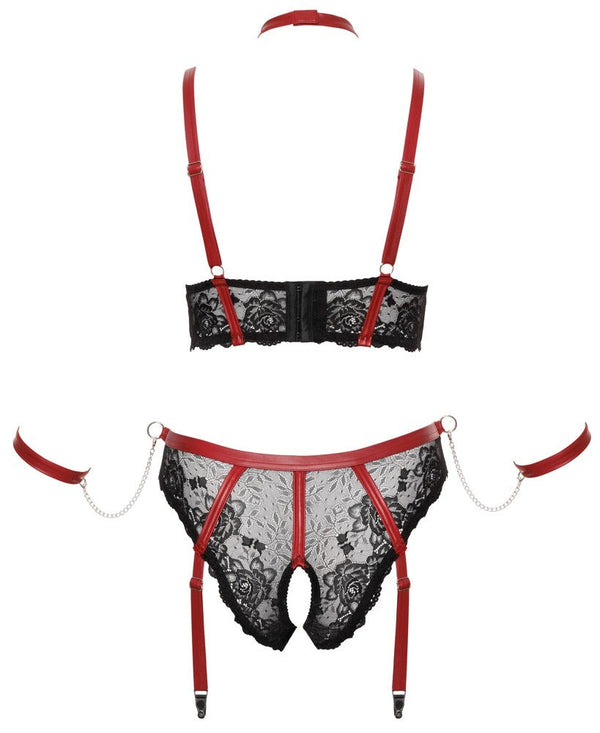 Schwarzes Spitzen-Set aus Longline-BH, Straps-Slip, Halsband und Armfesseln in großen Größen von Cottelli BONDAGE – Ansicht 8