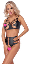 Schwarzes BH- und Slip-Set aus Stretchmaterial mit Roségold-Ringen (Ouvert) von Cottelli – Ansicht 3