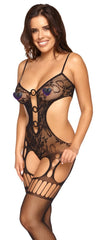 Schwarzer Catsuit ouvert aus Netzmaschen in Straps-Optik mit Ornamenten und Ringen von Fantasy by Cottelli – Ansicht 3