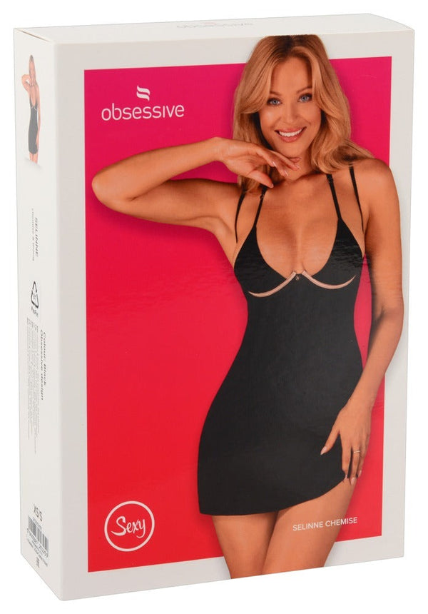 Schwarzes Negligé Selinne aus Mikrofaser mit rosa Cup-Bügeln und String von Obsessive