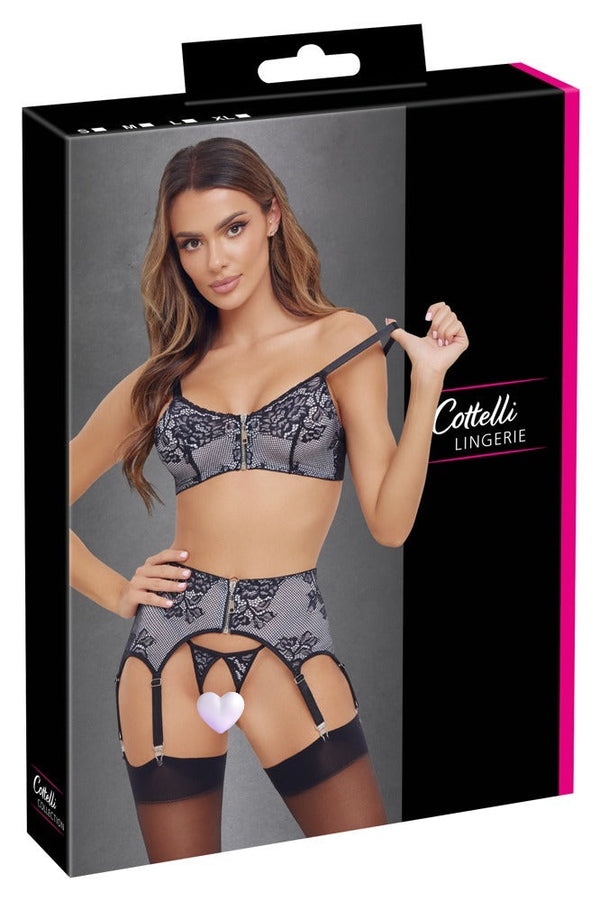 Schwarzes Straps-Set mit weißen spitzenüberzogenen Fronten und Metall-Details von Cottelli