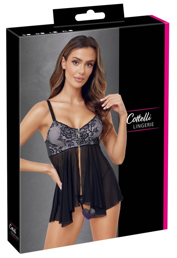 Schwarzes Babydoll-Set aus Powernet mit Reißverschluss und Spitzen-Cups (Ouvert) von Cottelli