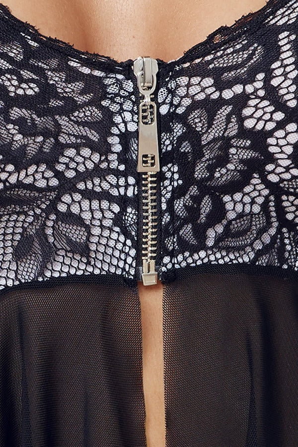 Schwarzes Babydoll-Set aus Powernet mit Reißverschluss und Spitzen-Cups (Ouvert) von Cottelli – Ansicht 7