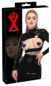 Schwarzes bauchfreies Latex-Shirt mit Cut-out, Stehkragen und langen Ärmeln von Late X