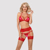 Rotes 3-teiliges Spitzen-Set mit Neckholder-BH, Strapsgurt und String von Obsessive