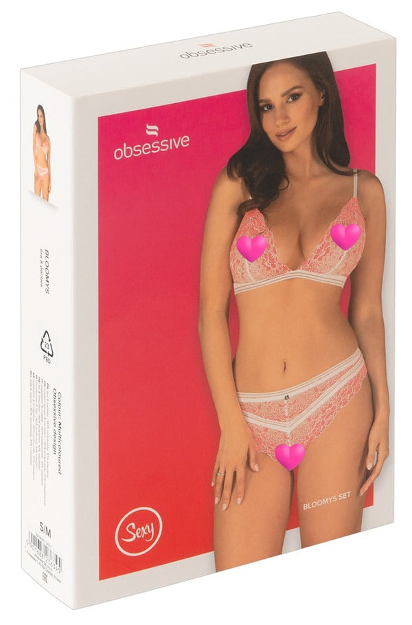 Roséfarbenes Set Bloomys aus 2-farbiger Spitze mit weißen Stretchbändern von Obsessive