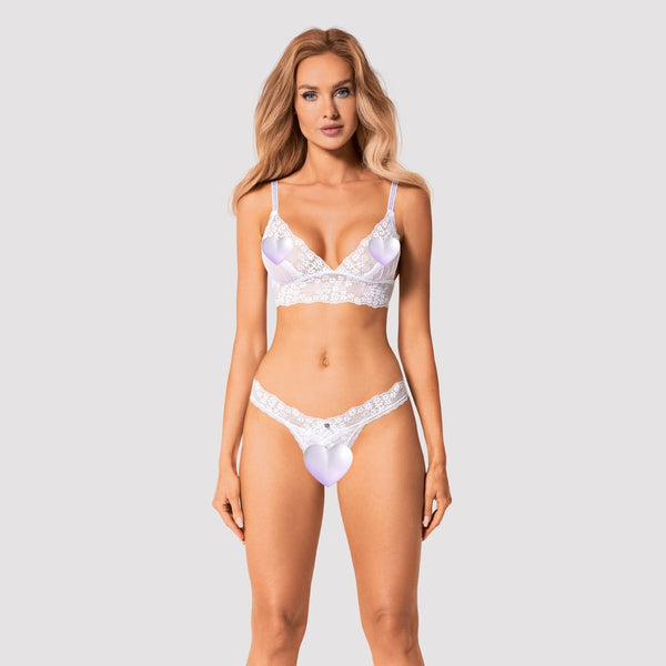 Weißes Set Heavenlly aus Feinnetz und Blütenspitze mit Soft-BH und String von Obsessive
