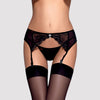 Schwarzes Strumpfband- und Tanga-Set Charms aus Stoff und Blütenspitze von Obsessive