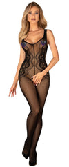 Schwarzer hochelastischer Catsuit ouvert G335 aus seidigem Netz von Obsessive